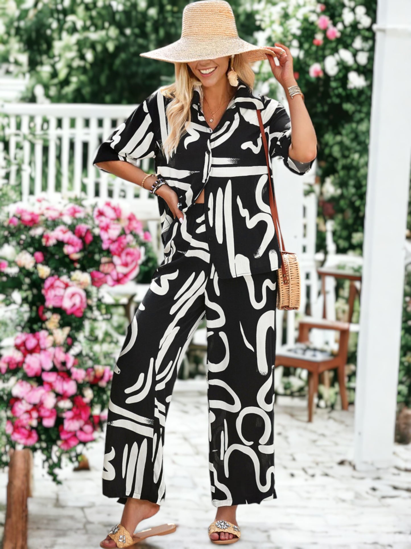 Casual Printed Button Down Top And Straight Leg Bottom Set