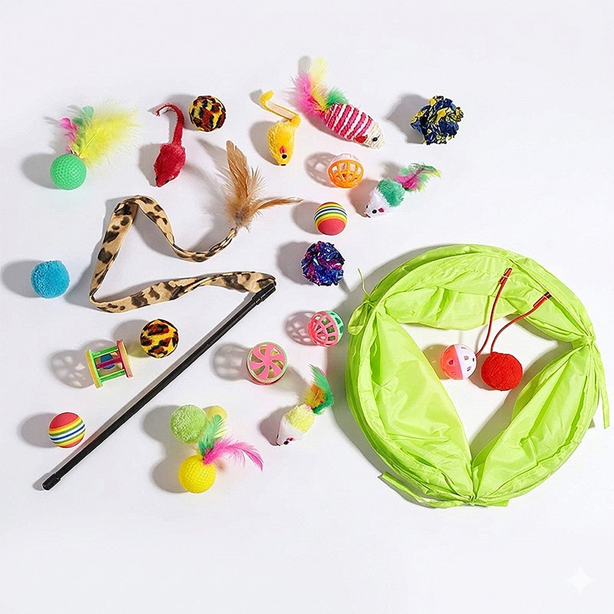 Anna-Kaci 21 Piece Cat Toy Set with Collapsible Cat Tunnel Interactive Balls Mice Feather Toys for Cats