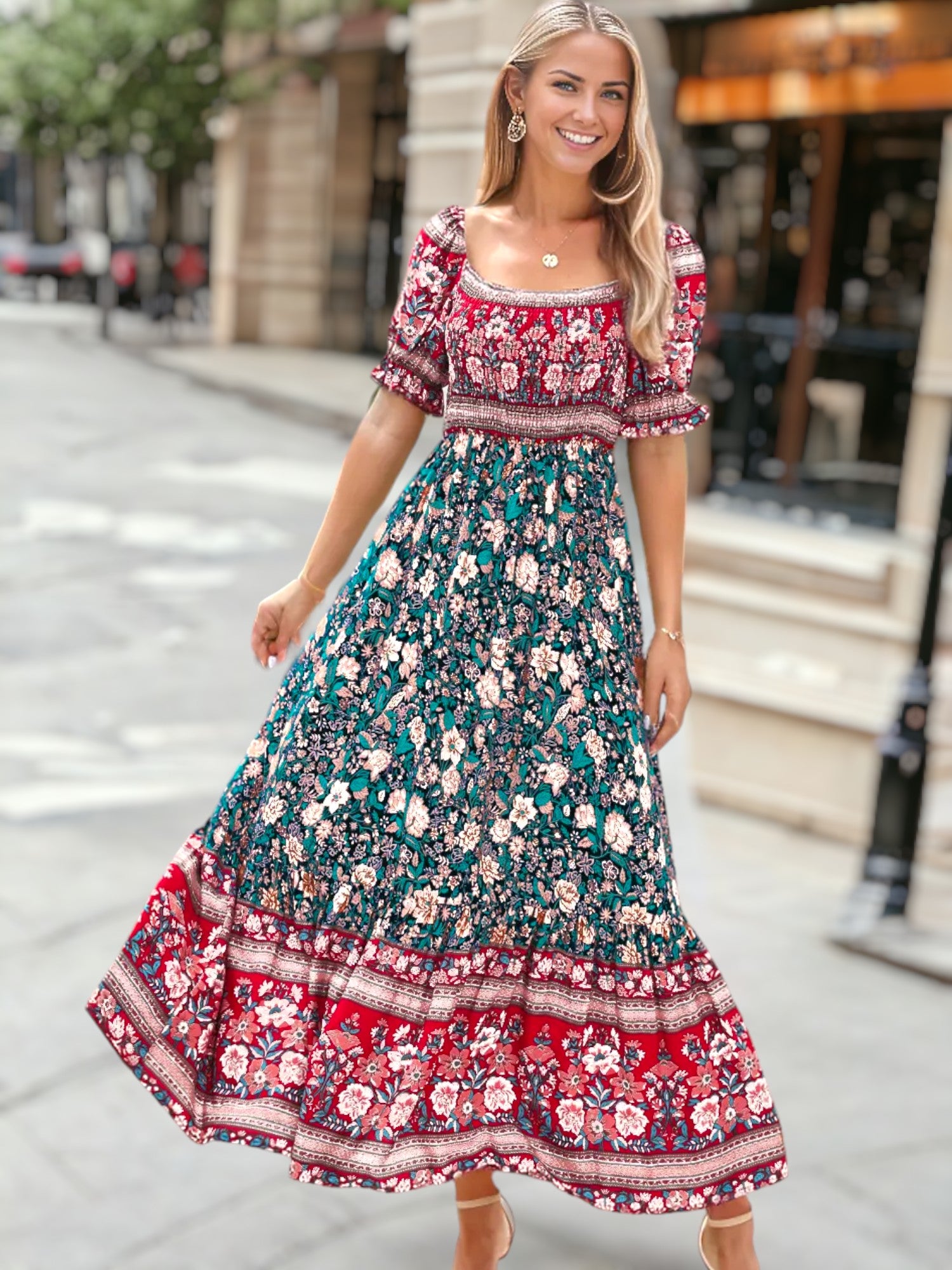 knee length dresses for ladies Off Shoulder Dress with Petal Spray – Catherine Regehr main image 1