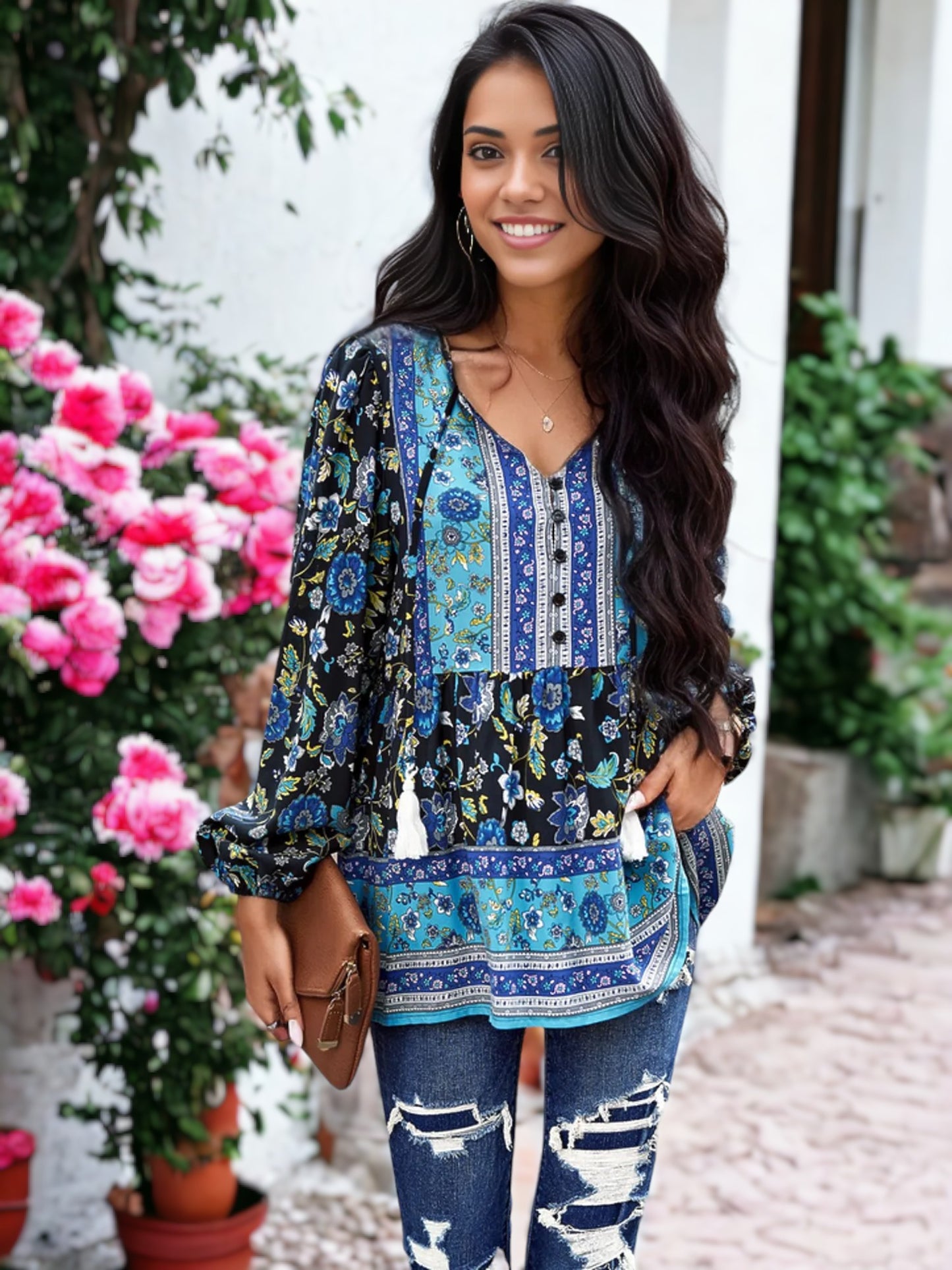 Blusa de manga larga con cuello en V y estampado bohemio de cachemira