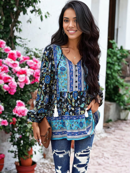 Blusa de manga larga con cuello en V y estampado bohemio de cachemira