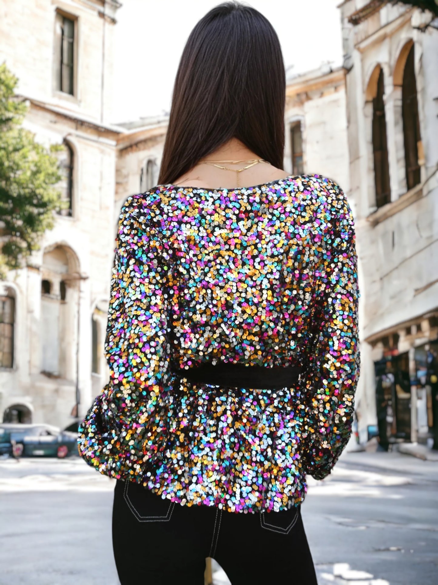 Suéter tipo sudadera con lazo en la cintura y lentejuelas para fiesta 