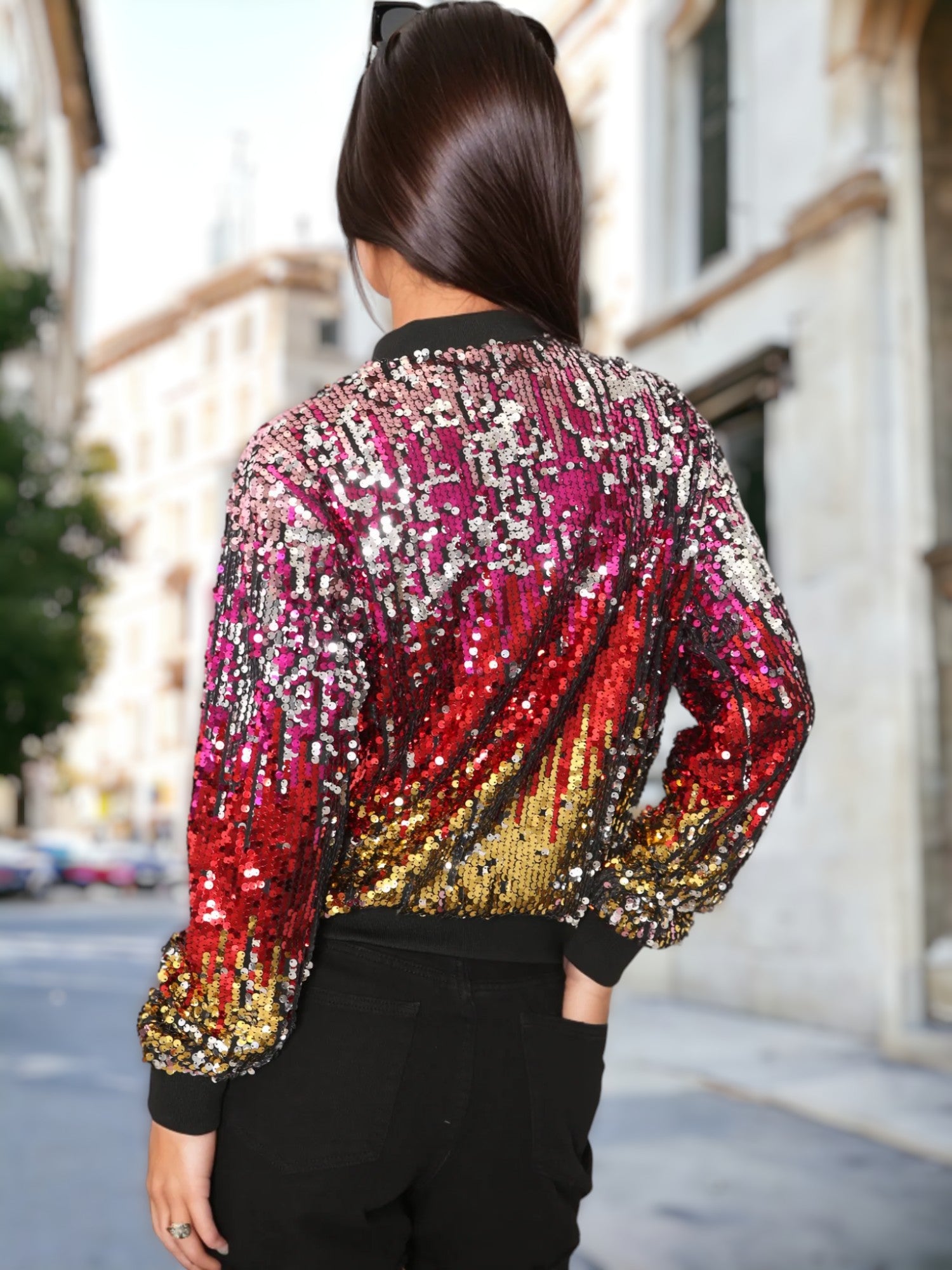 Chaqueta bomber con cremallera y destellos ombré de lentejuelas
