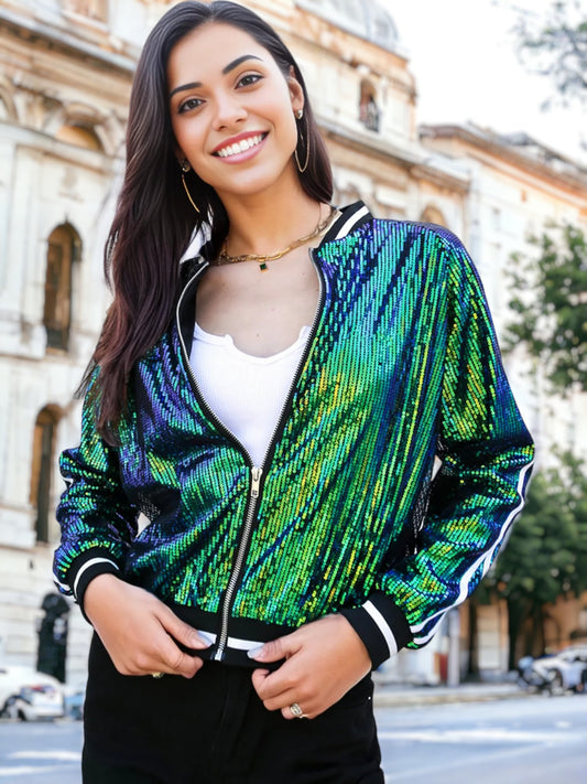 Chaqueta universitaria con lentejuelas metálicas a rayas 