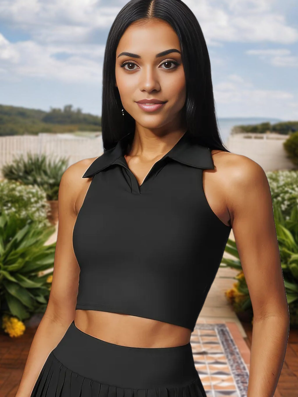 Top corto tipo polo sin mangas para mujer con escote con cuello y corte elástico