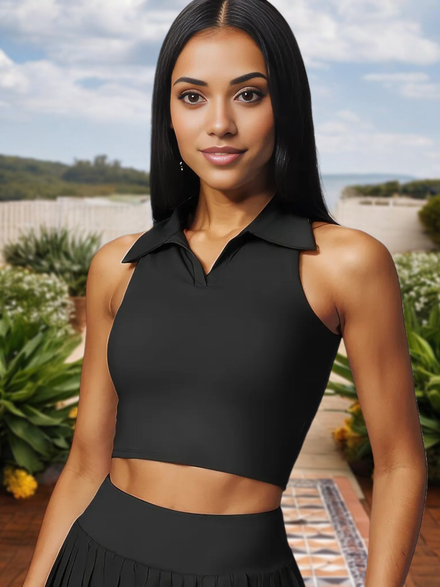 Top corto tipo polo sin mangas para mujer con escote con cuello y corte elástico