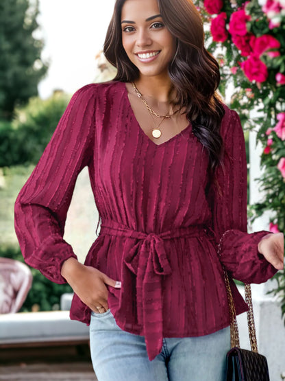 V Neck Textured Peplum Hem Long Sleeve Blouse