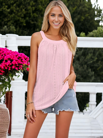 Loose Round Neck Pleated Eyelet Sleeveless Suspender Blouse