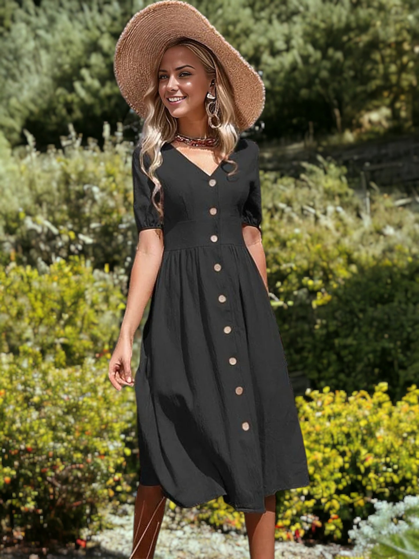 Vestido informal de manga corta con lazo, largo midi, abotonado y corte A