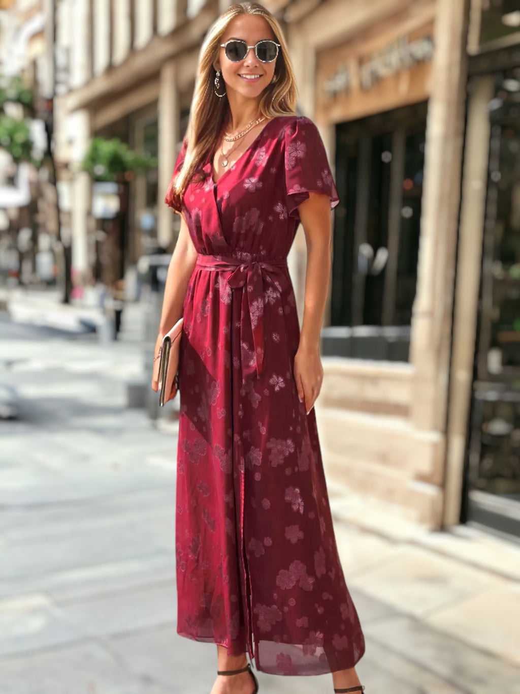 Vestido cruzado con detalle floral transparente