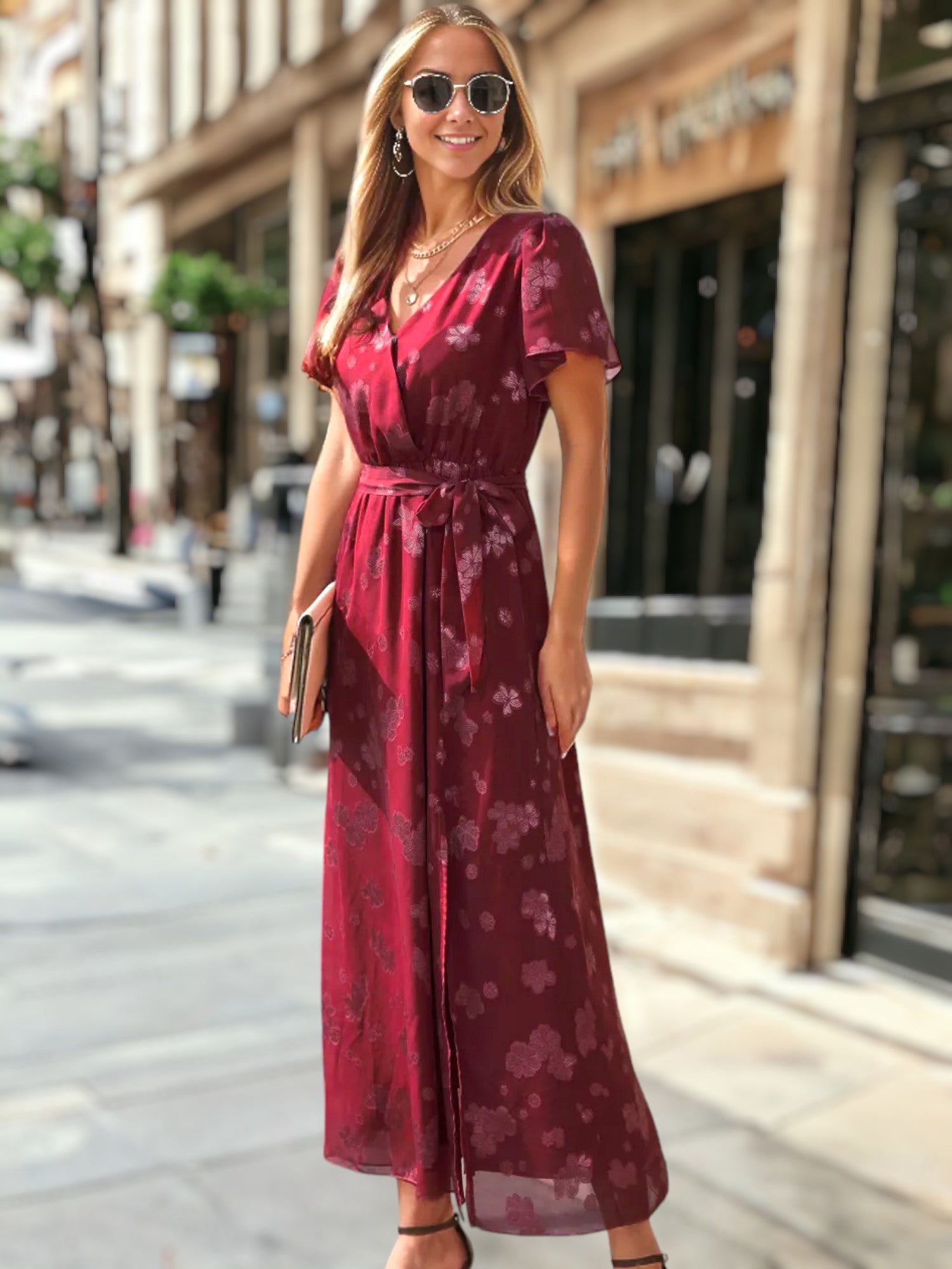 Vestido cruzado con detalle floral transparente