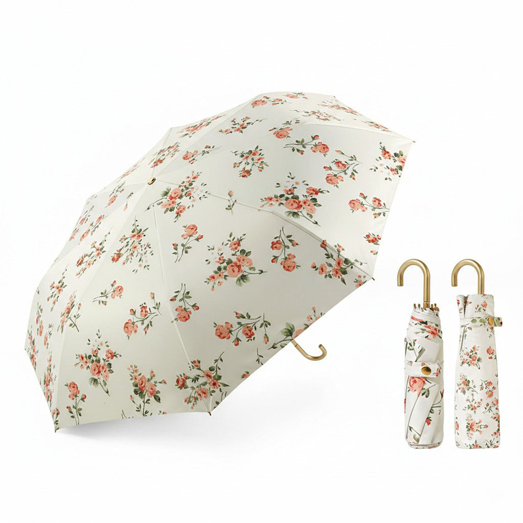 Anna-Kaci Floral Print Compact Umbrella with Curved Gold Handle