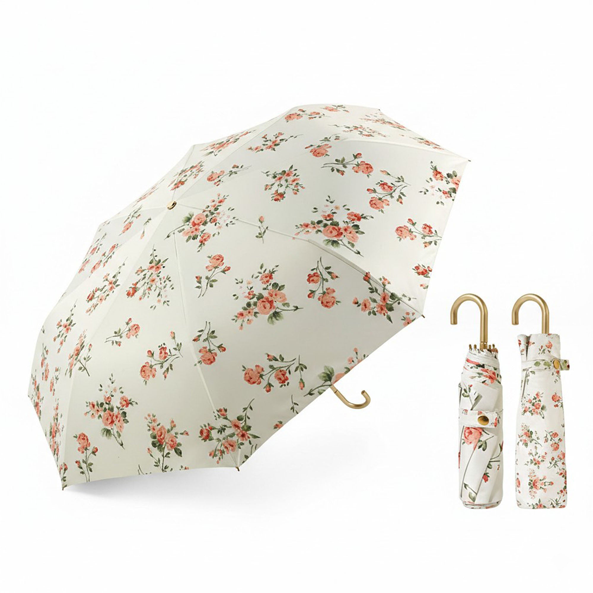 Anna-Kaci Floral Print Compact Umbrella with Curved Gold Handle