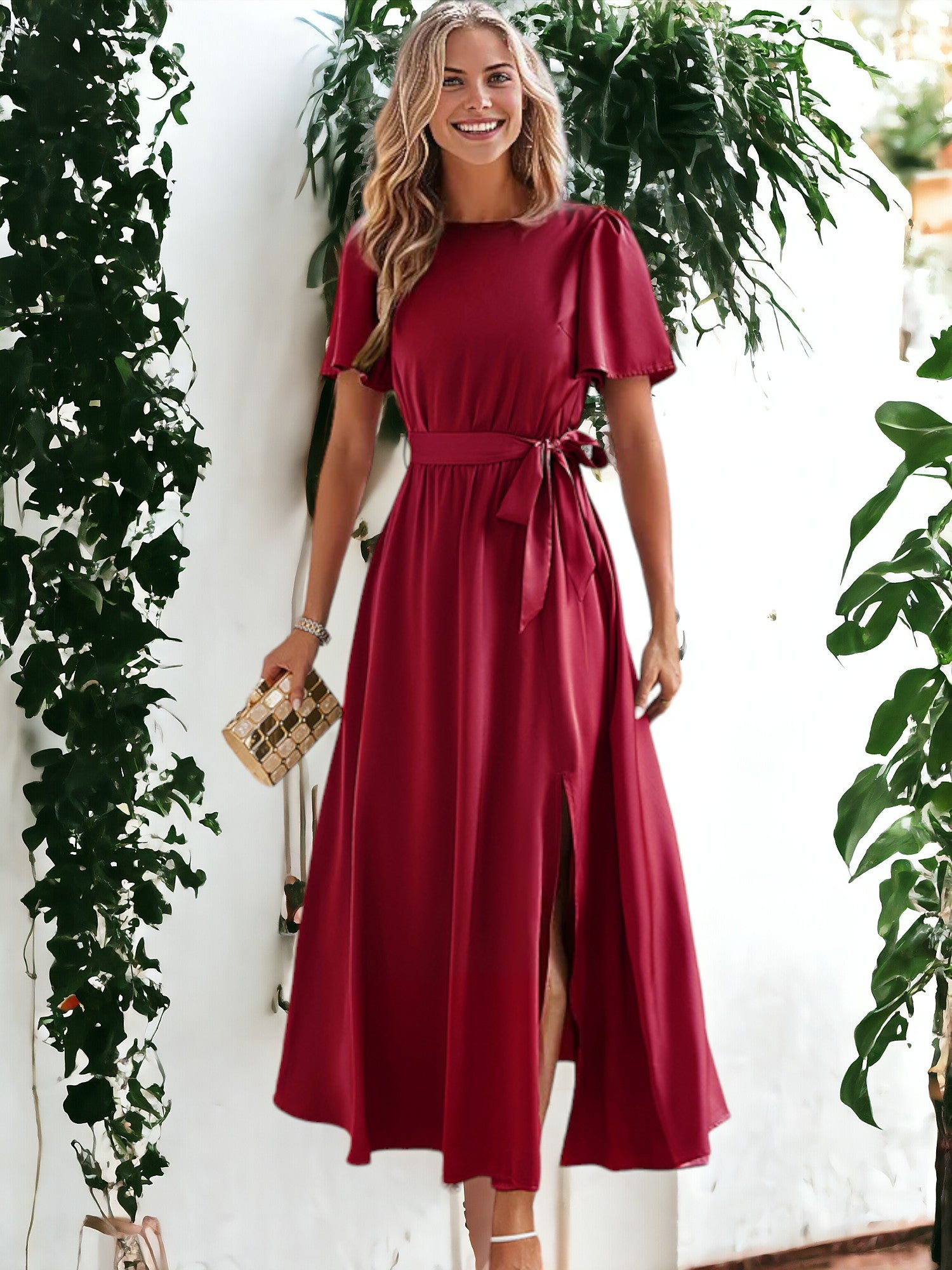 Vestido elegante con abertura alta y lazo en la cintura y mangas abullonadas para mujer