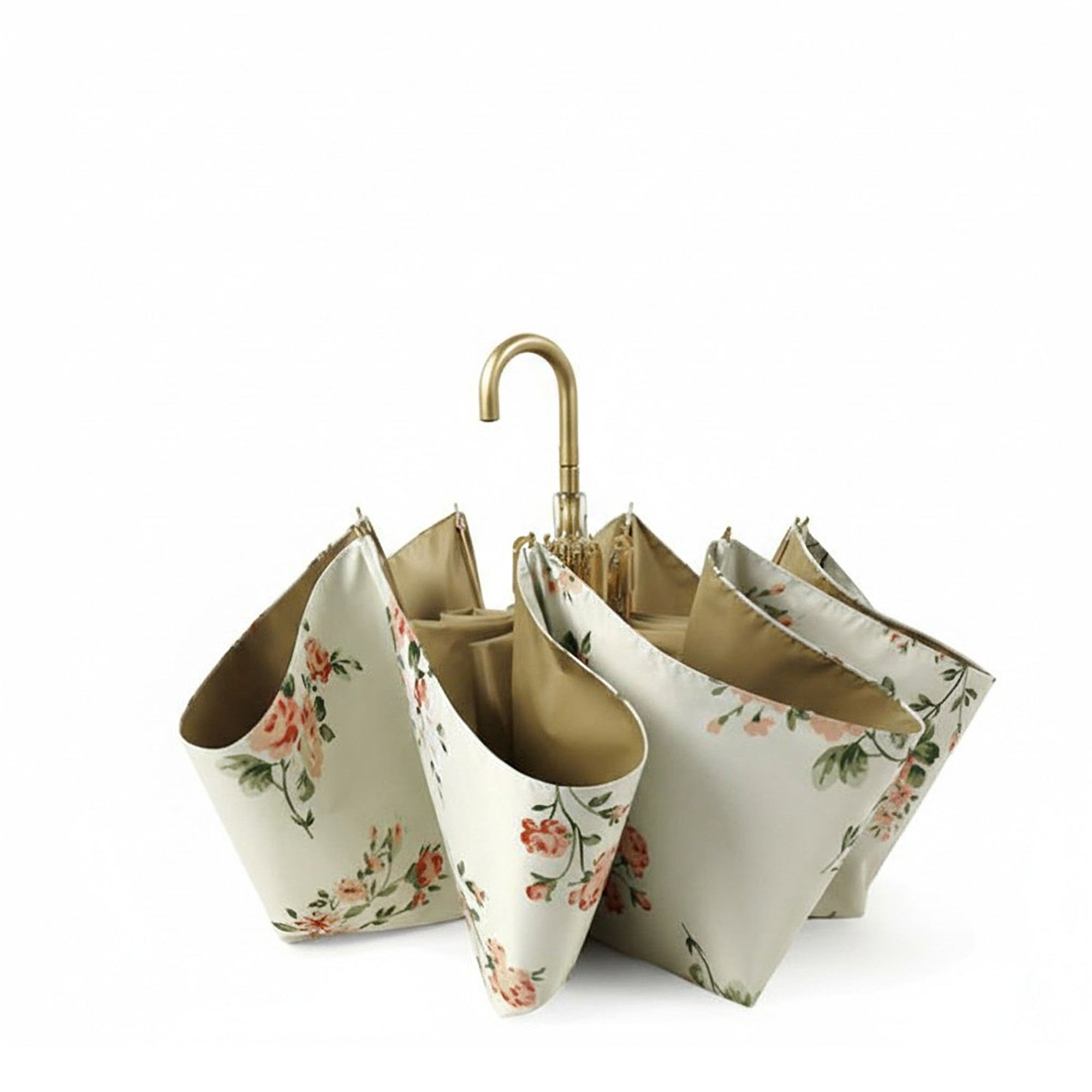 Anna-Kaci Floral Print Compact Umbrella with Curved Gold Handle