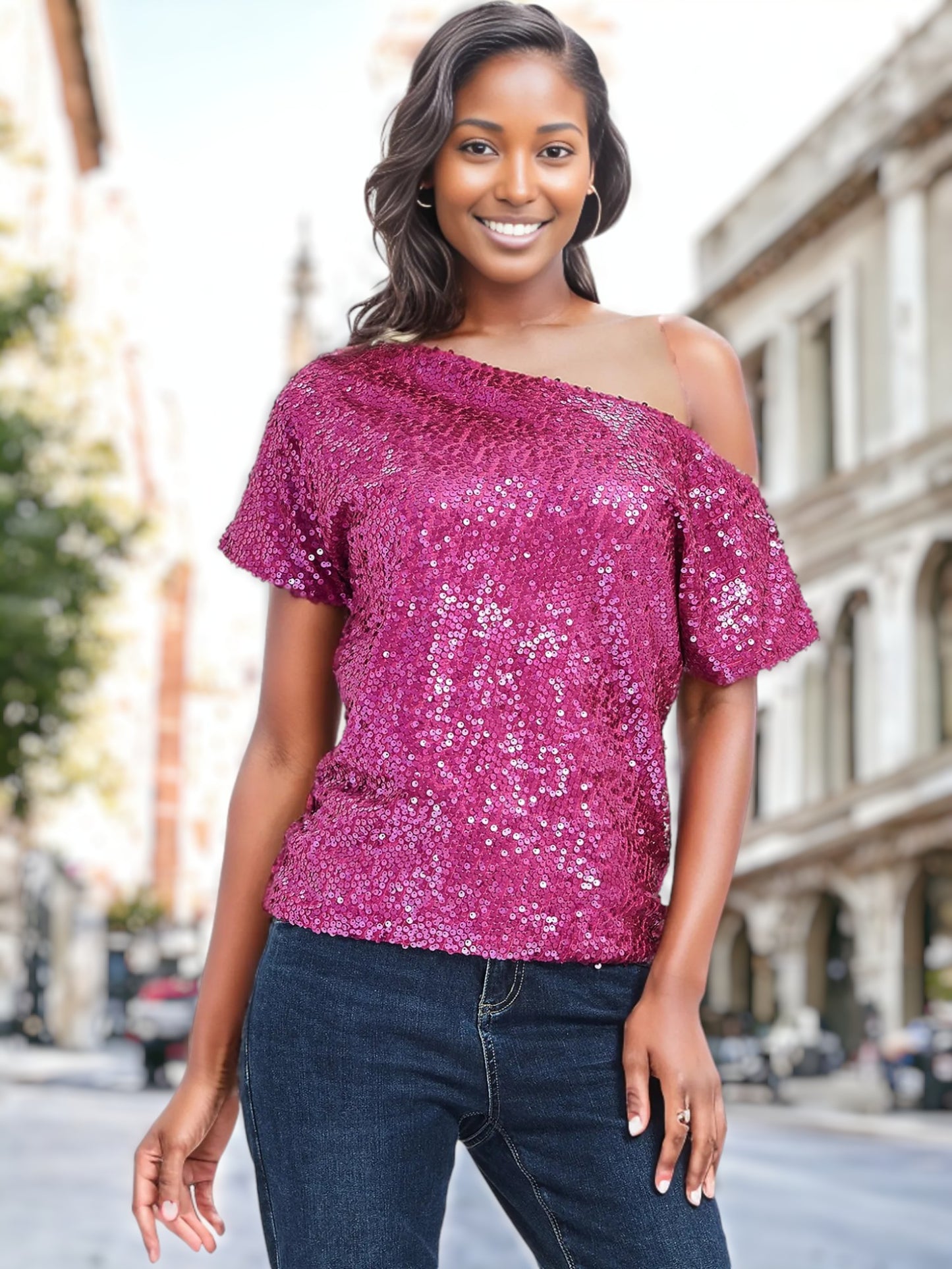 Blusa de lentejuelas con mangas cortas y un hombro
