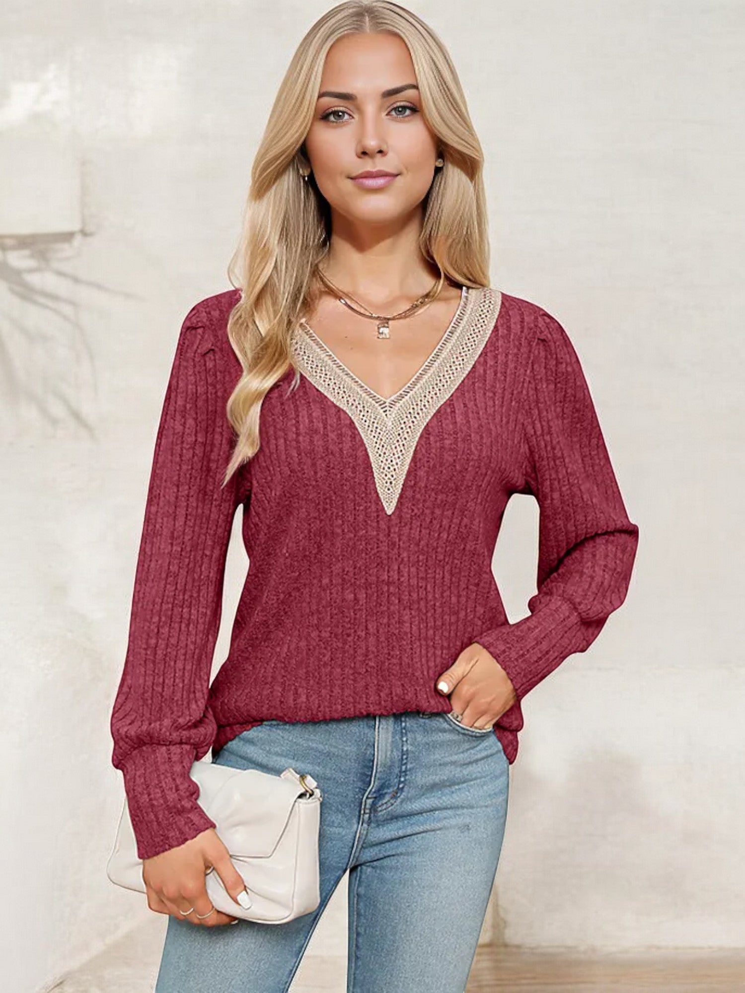 Women's V-Neck Ribbed Knit Sweater with Lace Trim Detail