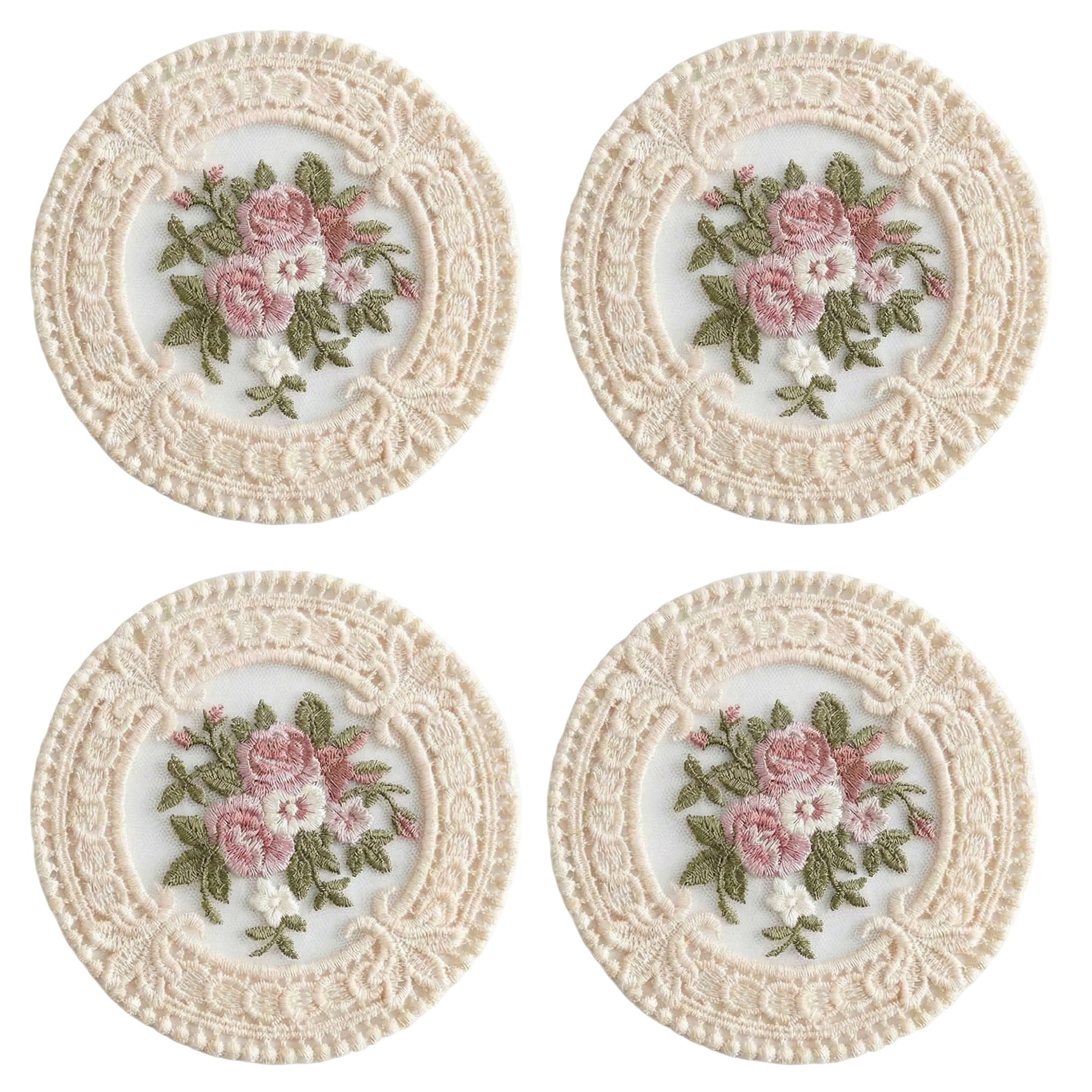 Anna-Kaci 4-PC Round Lace Embroidered Coaster Floral Decorative Table Protector