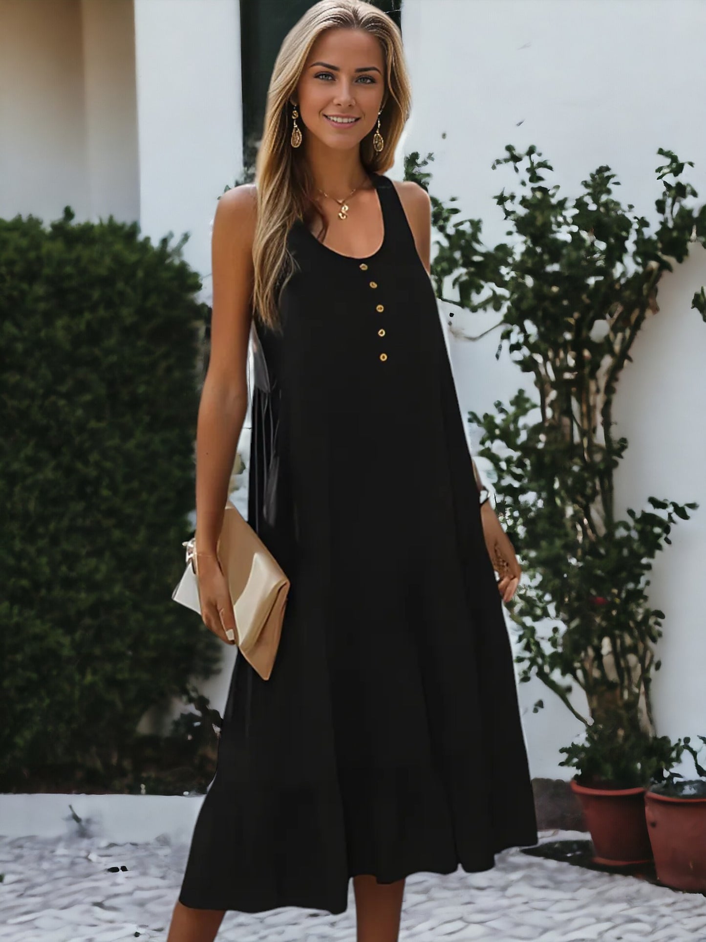 Vestido midi sin mangas con botones en la parte delantera, corte A y capas