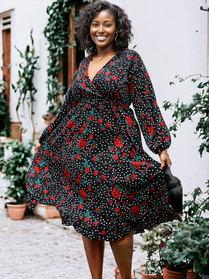 Plus Size Bell Sleeves Rose Floral Print Wrap Maxi Dress