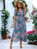 Vestido maxi fruncido de manga corta con estampado floral