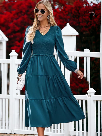 Shirred V Neck Tiered Dress