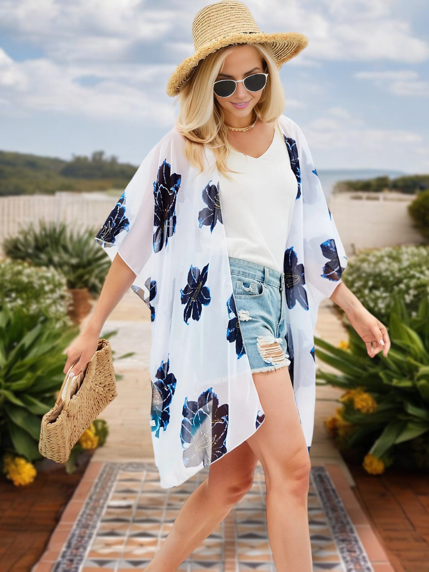 Cárdigan tipo kimono con estampado floral para mujer de Anna-Kaci, frente abierto y tela transparente liviana
