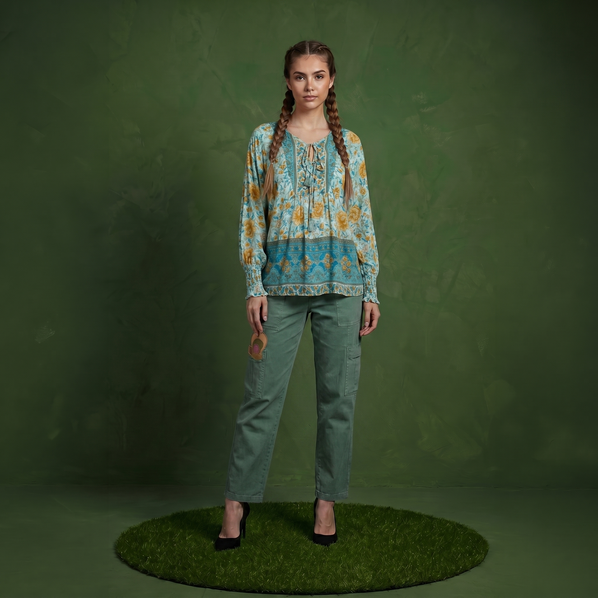 Anna-Kaci Women's Floral Boho Peasant Blouse with Long Sleeves and Tassel Tie