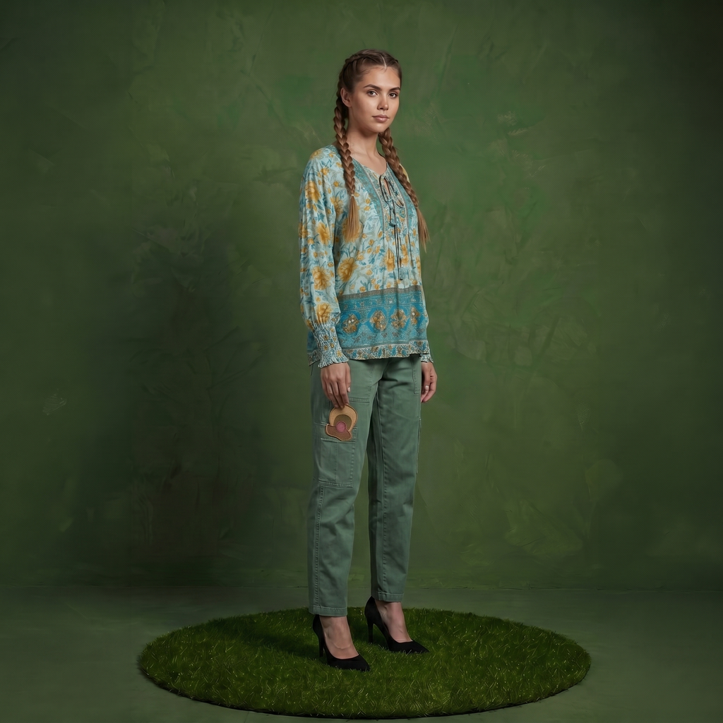 Anna-Kaci Women's Floral Boho Peasant Blouse with Long Sleeves and Tassel Tie