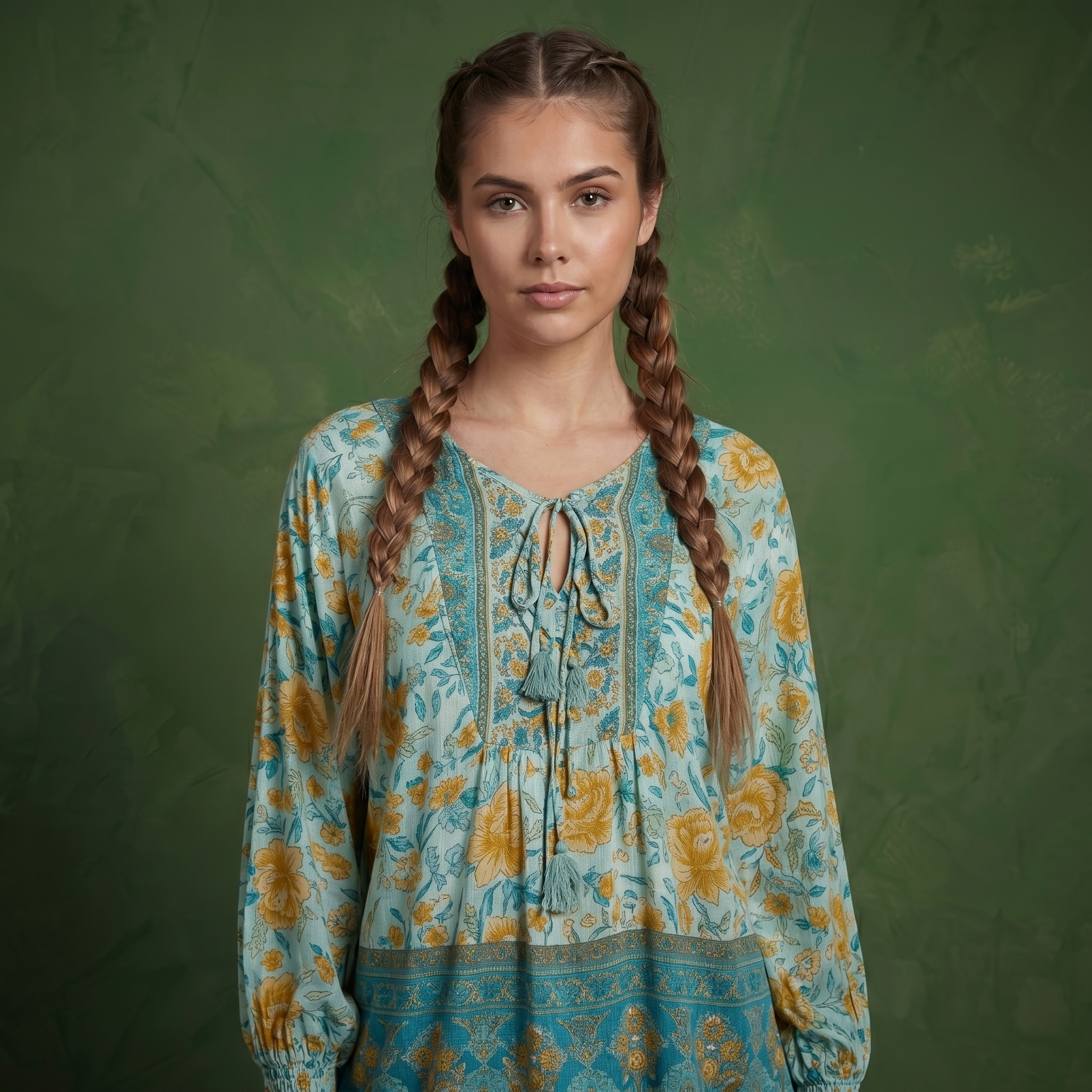 Anna-Kaci Women's Floral Boho Peasant Blouse with Long Sleeves and Tassel Tie
