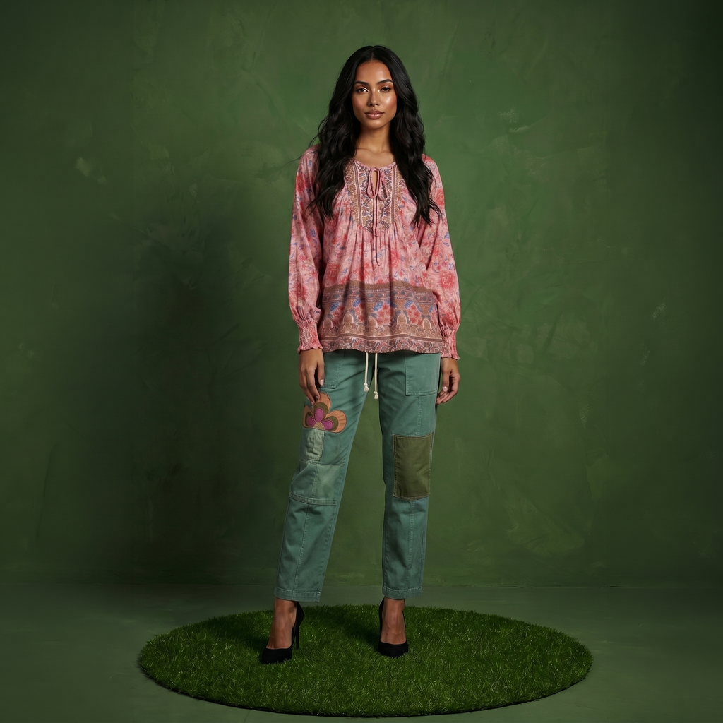 Anna-Kaci Women's Floral Boho Peasant Blouse with Long Sleeves and Tassel Tie
