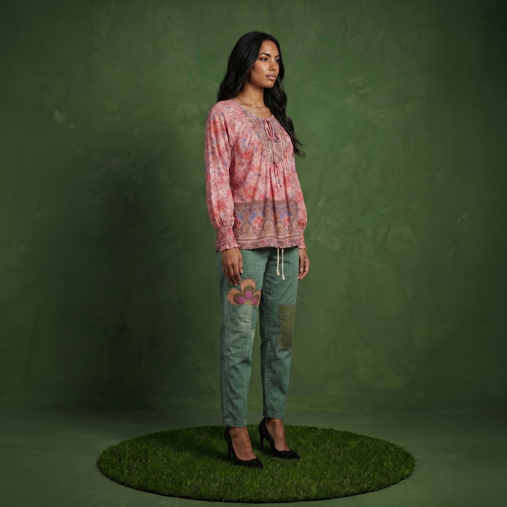 Anna-Kaci Women's Floral Boho Peasant Blouse with Long Sleeves and Tassel Tie