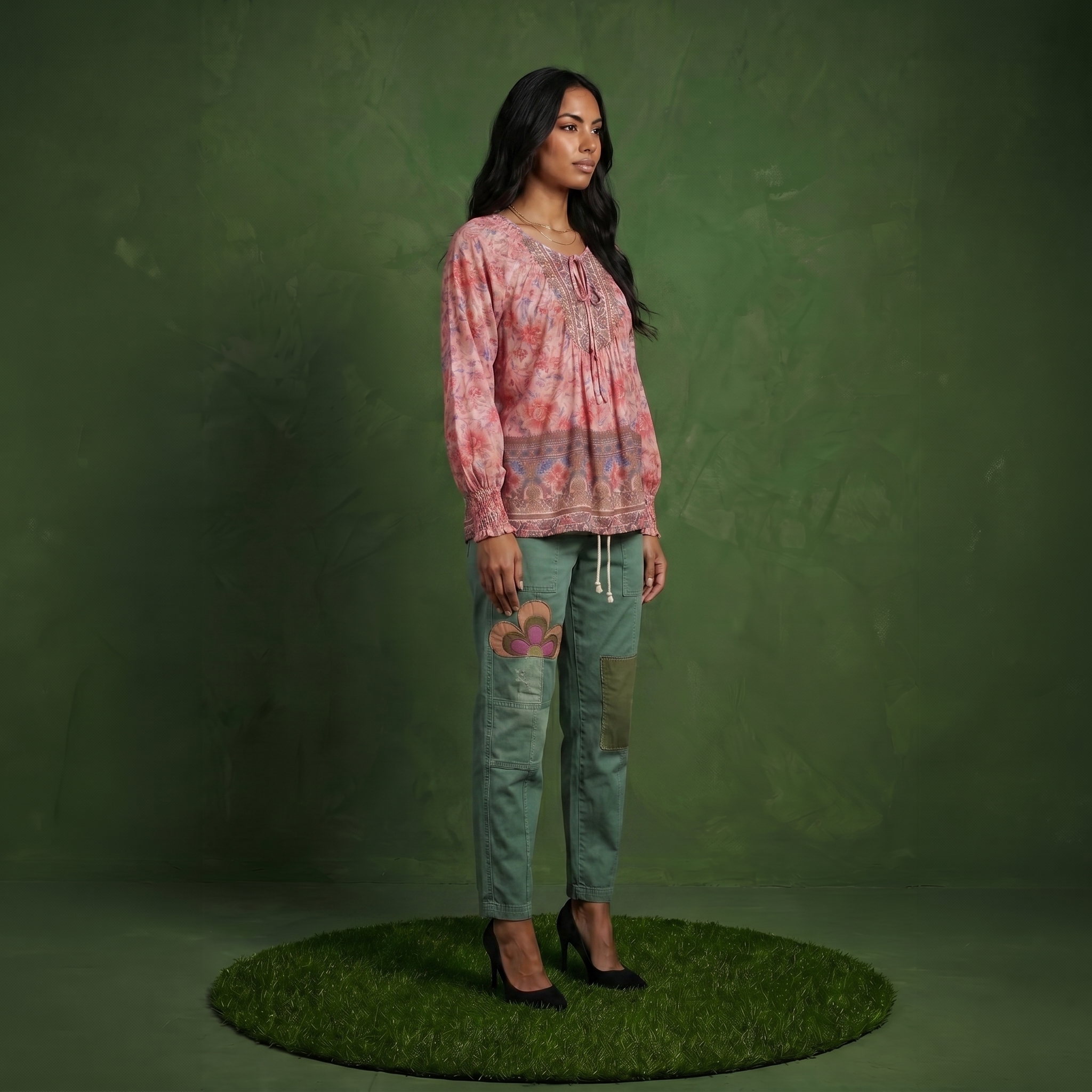 Anna-Kaci Women's Floral Boho Peasant Blouse with Long Sleeves and Tassel Tie