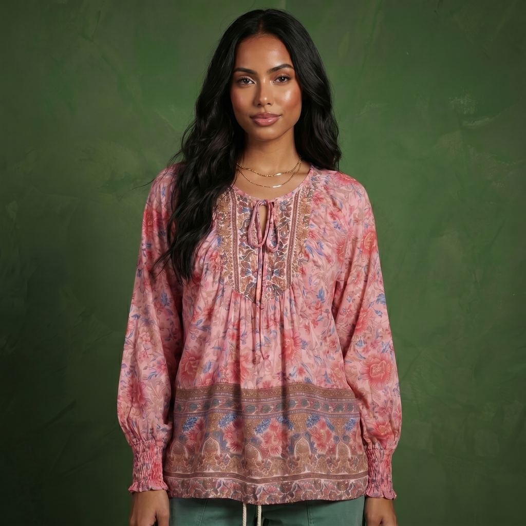 Yellow women's blouse with floral, denim and long sleeve
