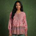Yellow women's blouse with floral, denim and long sleeve