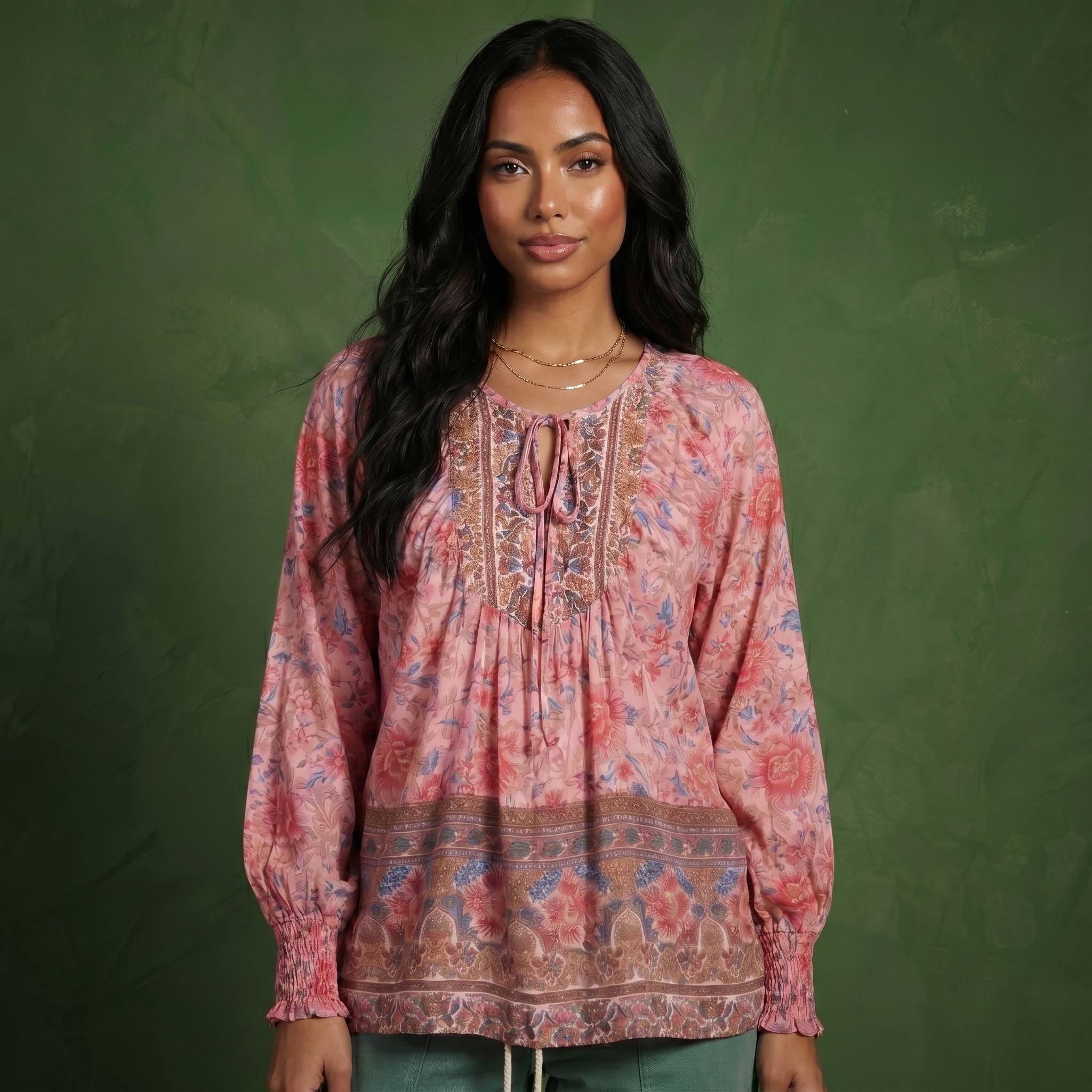 Anna-Kaci Women's Floral Boho Peasant Blouse with Long Sleeves and Tassel Tie