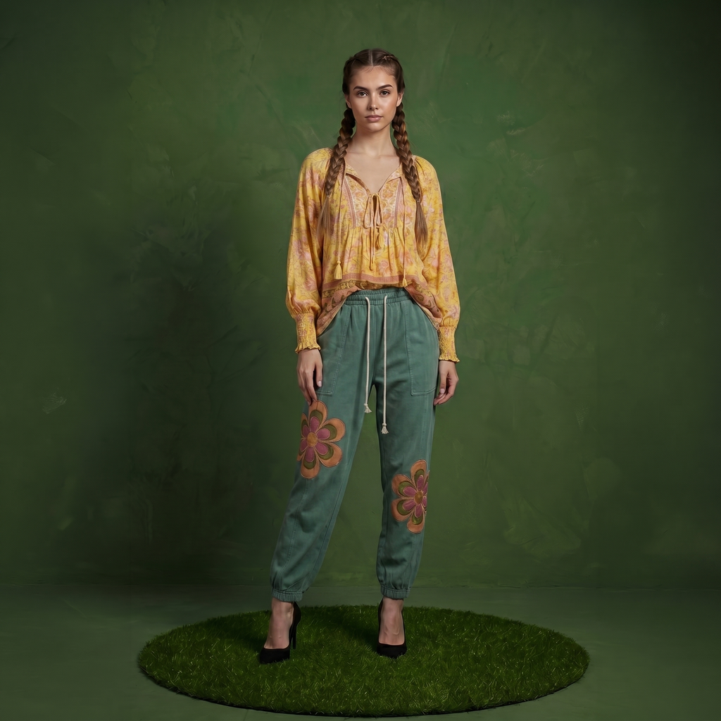 Anna-Kaci Women's Floral Boho Peasant Blouse with Long Sleeves and Tassel Tie