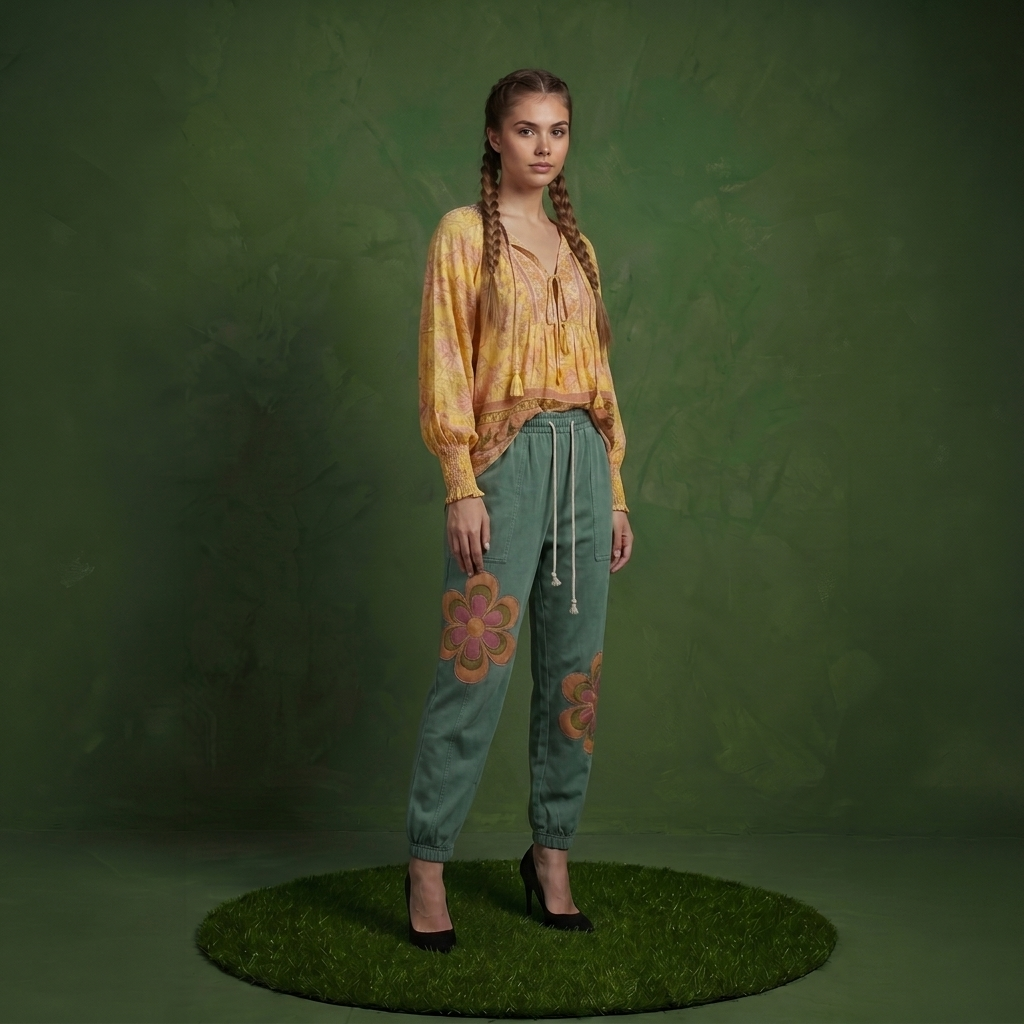 Anna-Kaci Women's Floral Boho Peasant Blouse with Long Sleeves and Tassel Tie