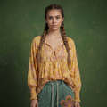 Anna-Kaci Women's Floral Boho Peasant Blouse with Long Sleeves and Tassel Tie