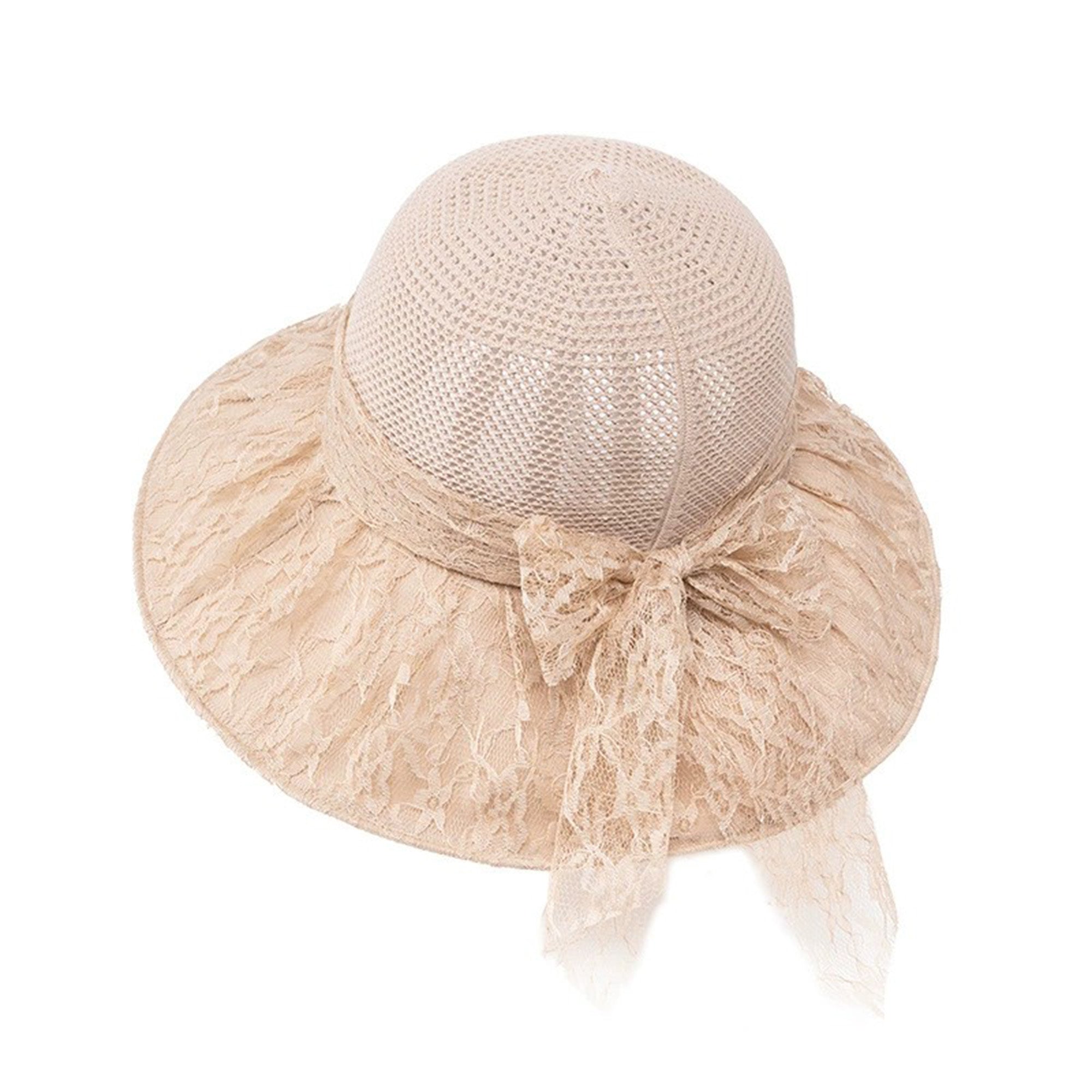 Anna-Kaci Womens Wide Brim Straw Sun Hat Lace Bow Breathable Summer Beach Vacation Hat