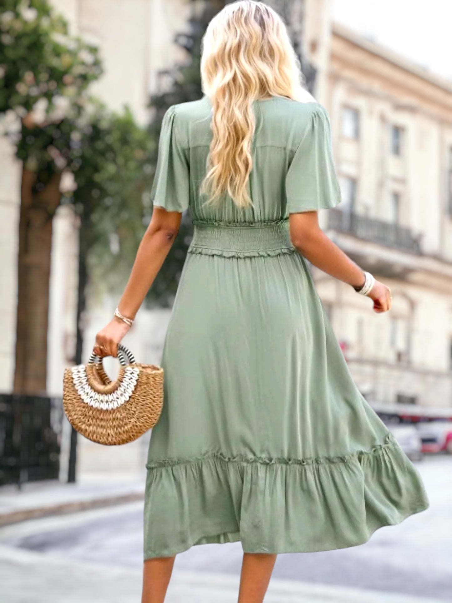 Shirred Waist Ruffle Hem Dress