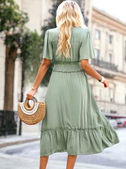 Shirred Waist Ruffle Hem Dress