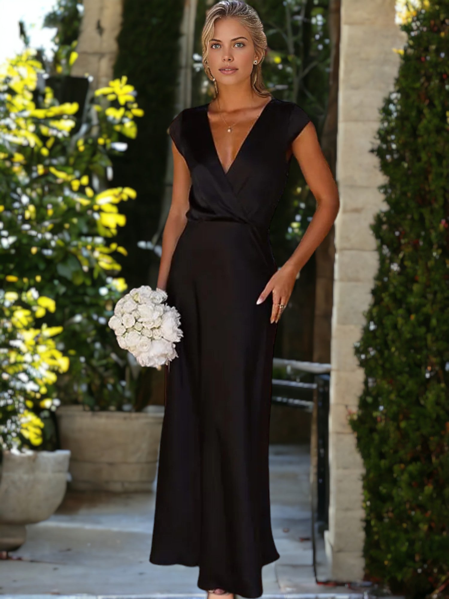 Elegante vestido largo de satén con escote en V y manga corta