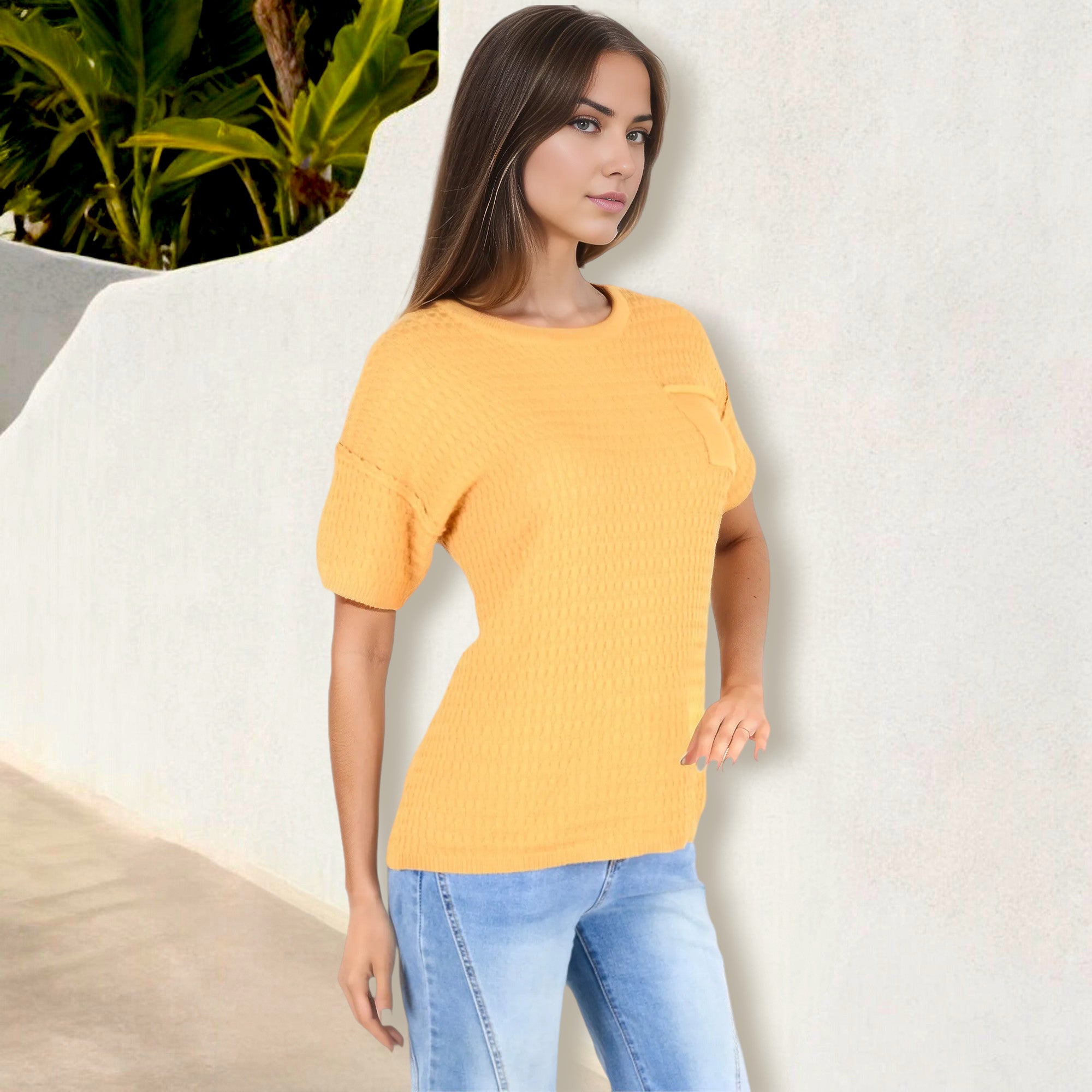 Camiseta de manga corta de punto gofrado para mujer de Anna-Kaci con bolsillo en el pecho