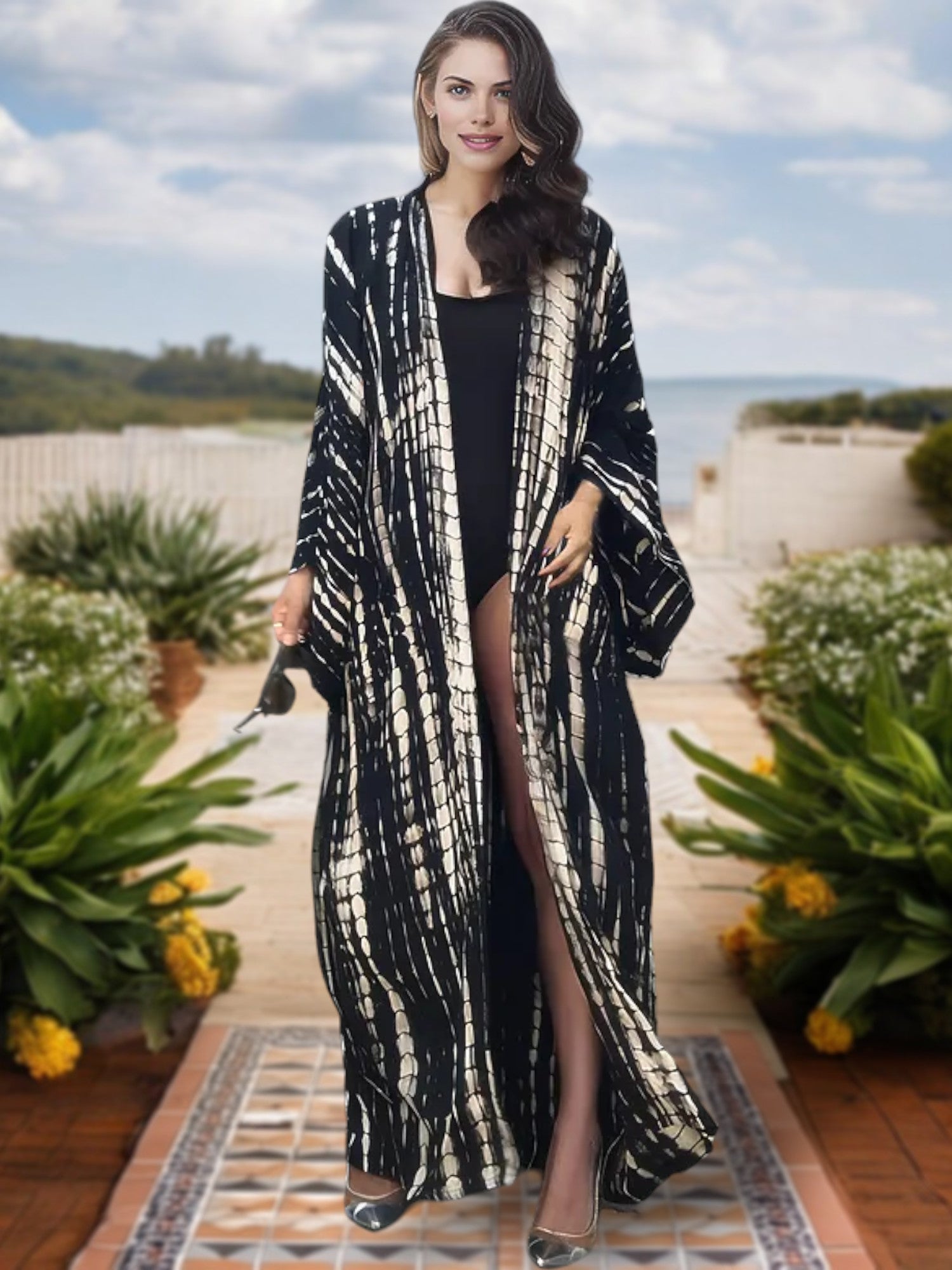 Cárdigan tipo kimono largo con efecto tie-dye para mujer de Anna-Kaci, mangas anchas y frente abierto