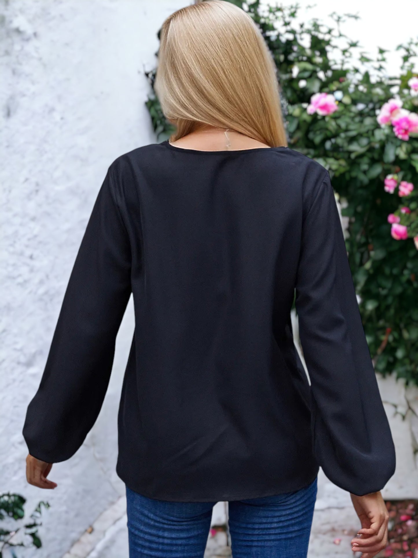 Solid Color Lace Trim Blouse