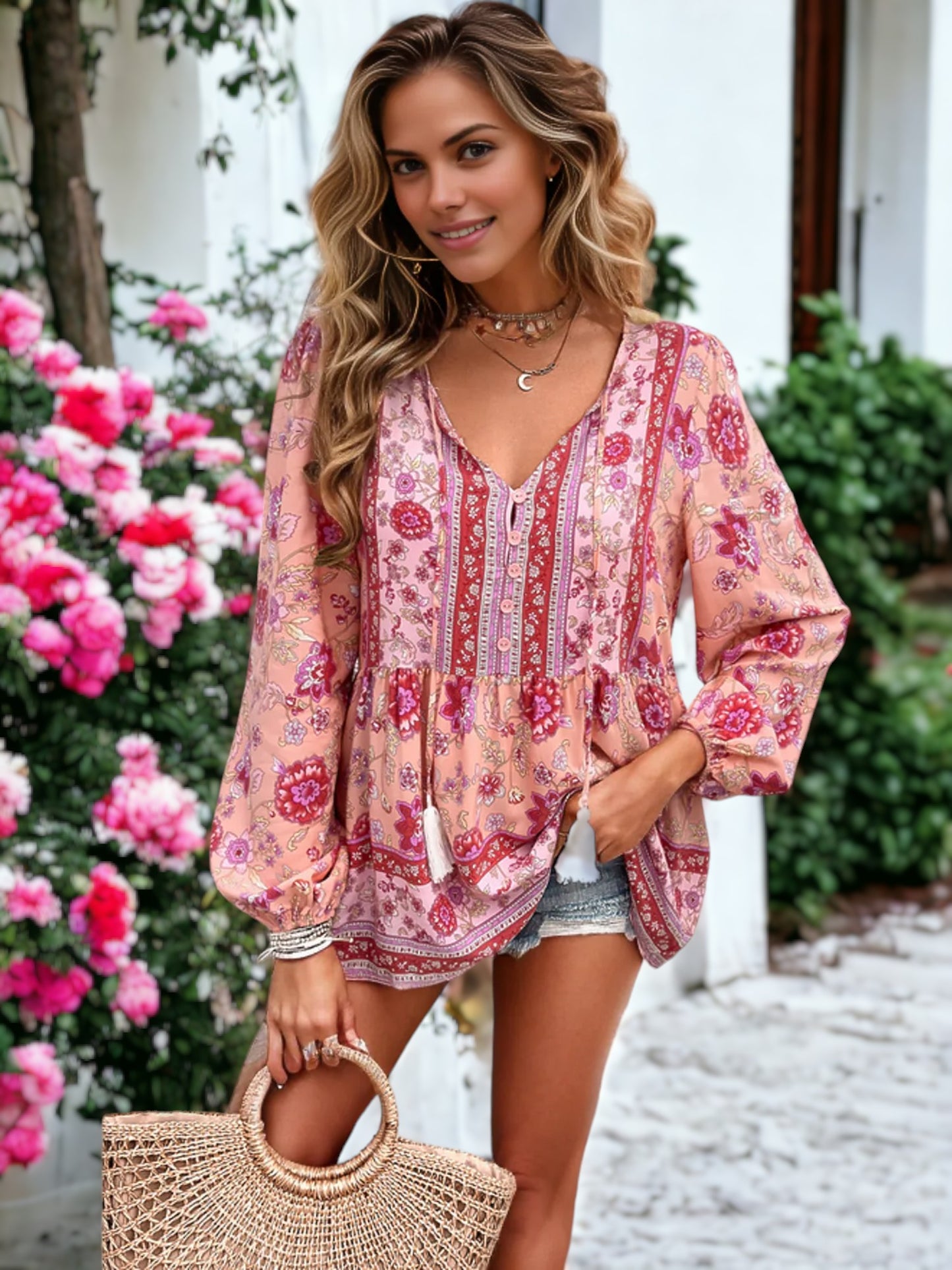 Blusa de manga larga con cuello en V y estampado bohemio de cachemira