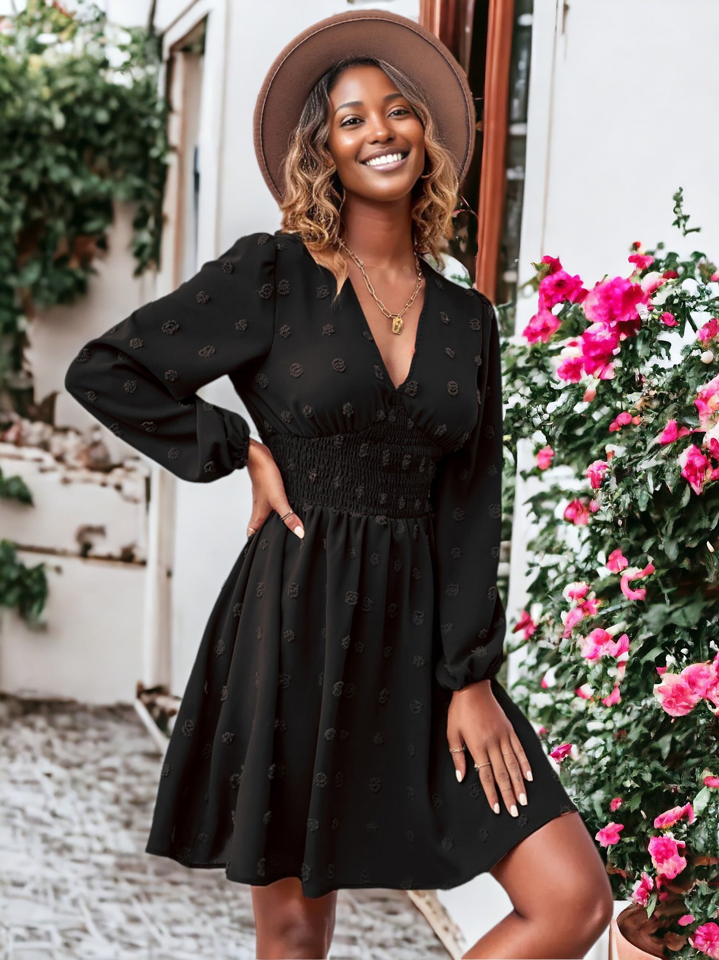 Clip Dot Shirred Waist Dress