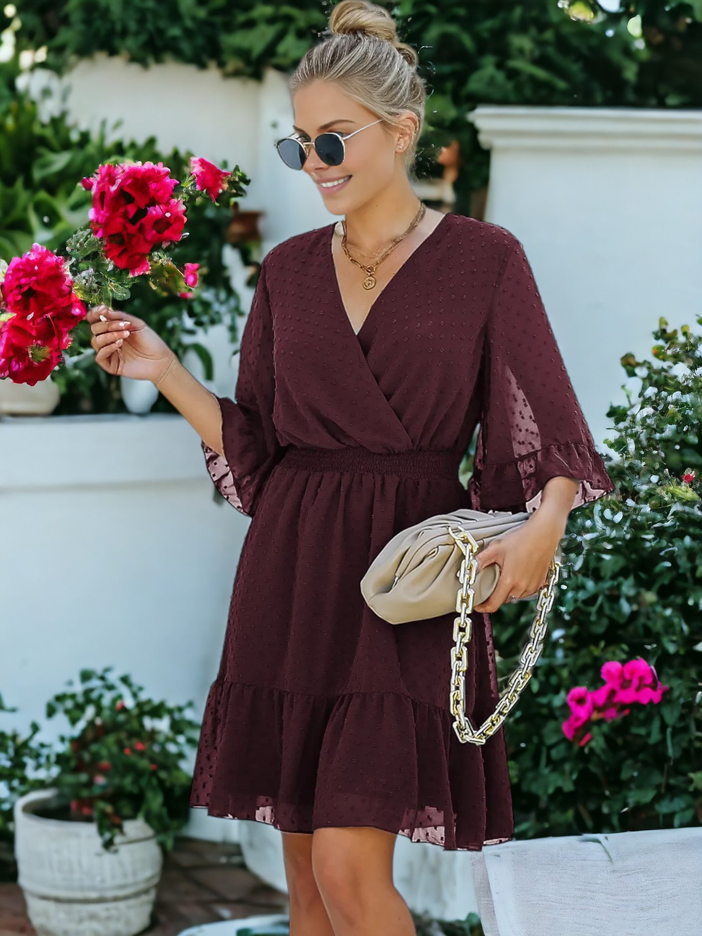 V Neck Bell Sleeve Swiss Dot A-Line Elastic Waist Ruffle Hem Short Dress