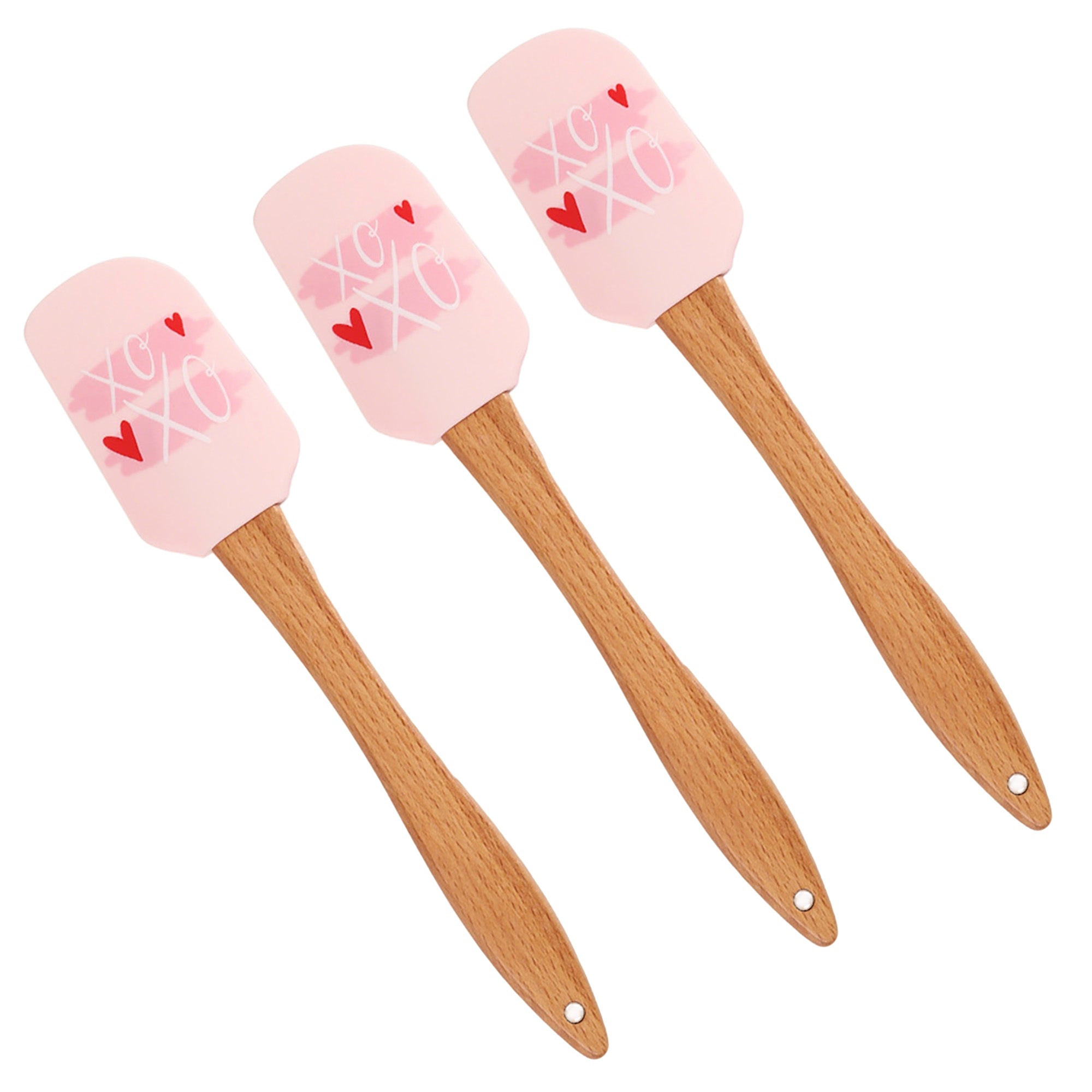 Anna-Kaci Silicone Spatula Set XO Heart Print Wooden Handle Heat Resistant Baking Mixing Kitchen Tools 3 Piece